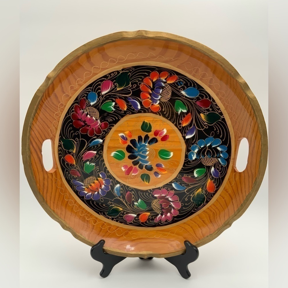 Vintage 15” Batea Tray Mexican Folk Art Carved Wood Bowl Floral Hand Painted